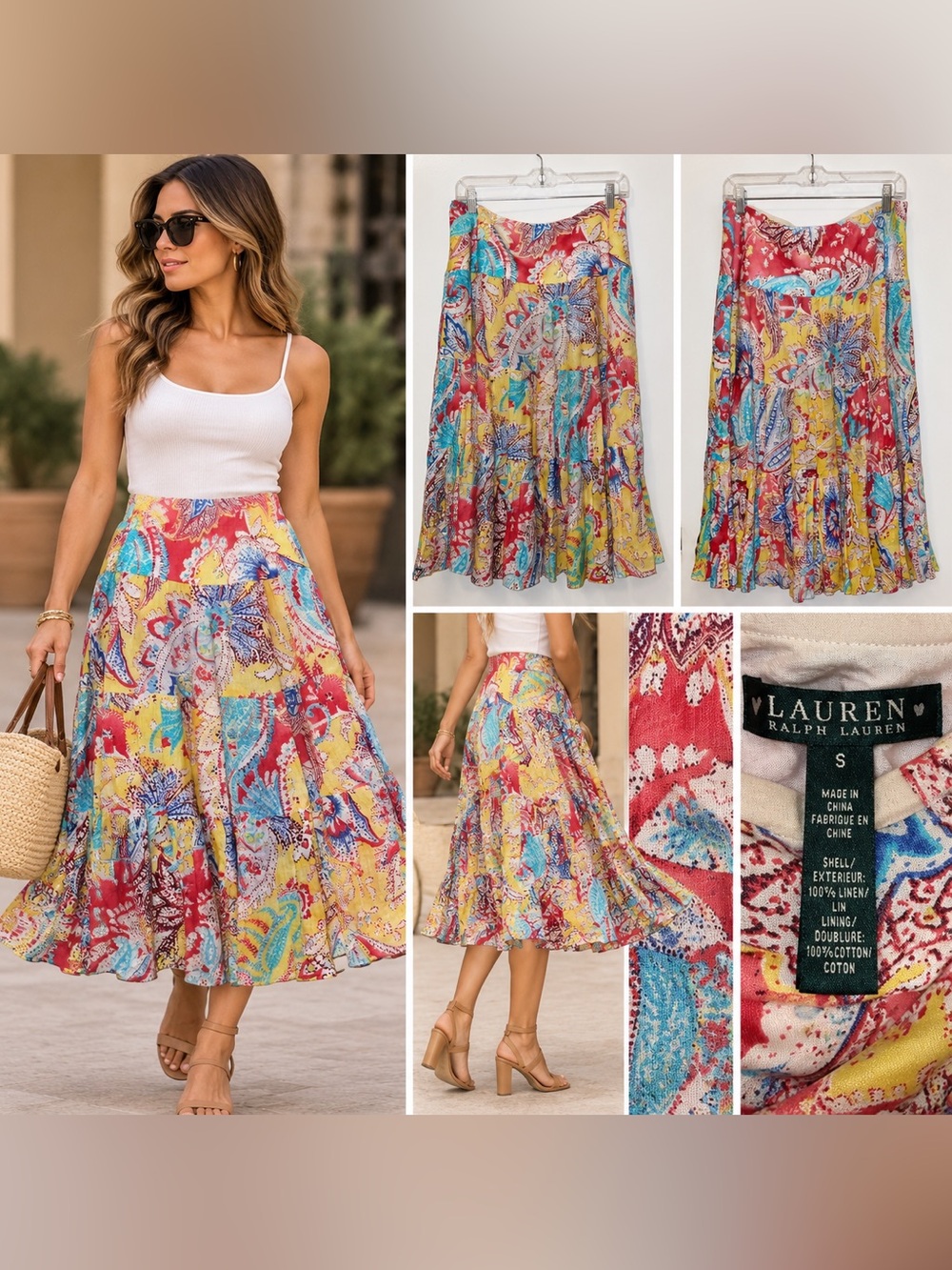 Lauren Ralph Lauren Linen Paisley Tiered Midi Skirt Size S